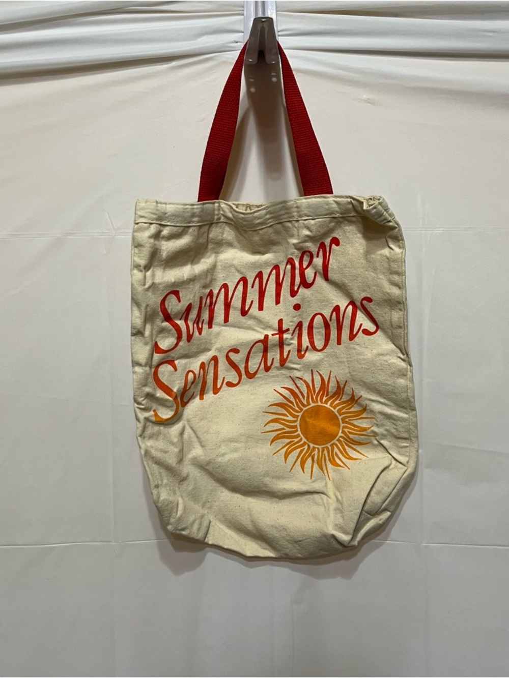 Canvas Tote Bag with Red Handles and 'Summer Sensations' Print